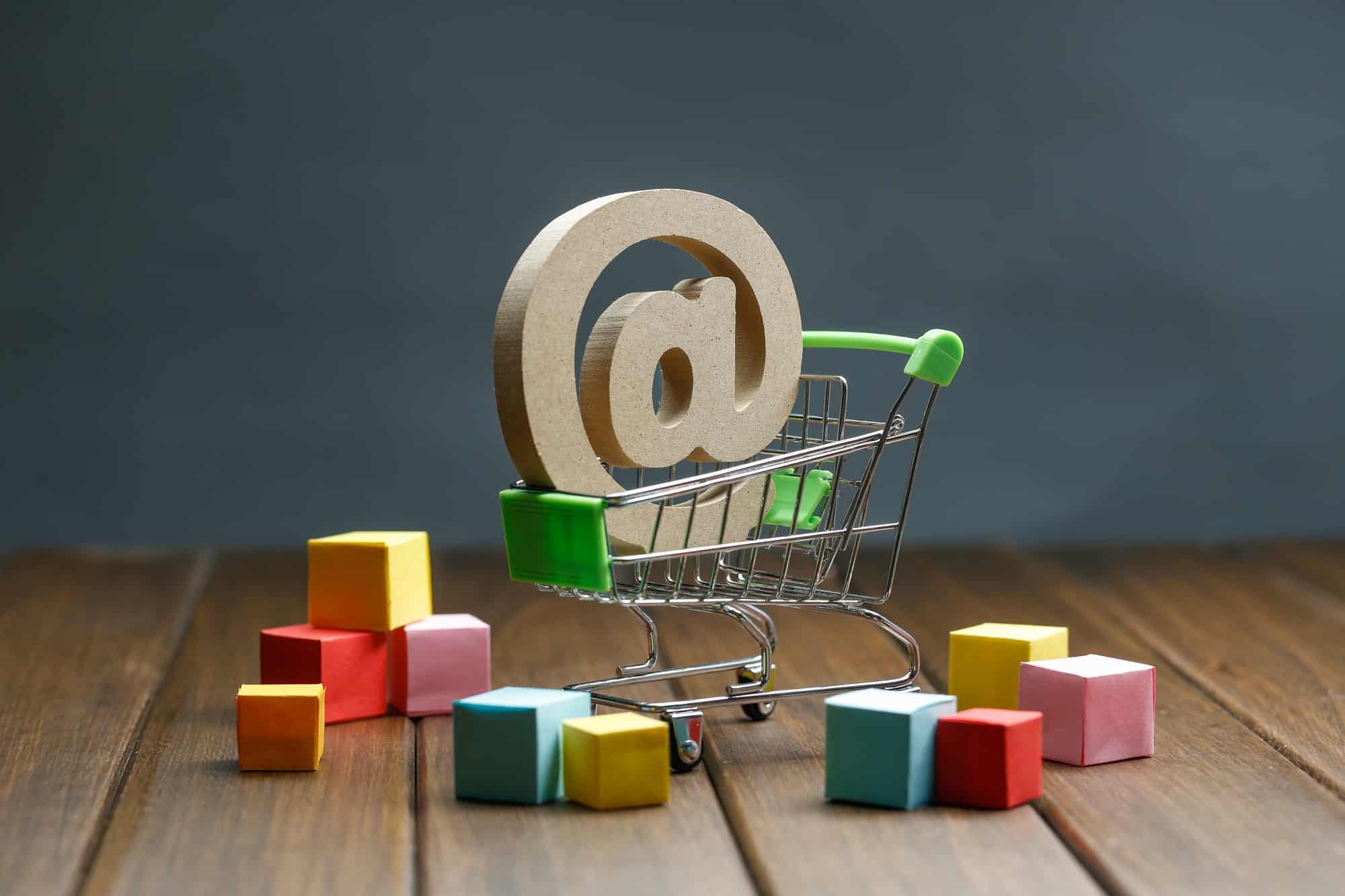 wooden symbol shopping cart online shopping concept